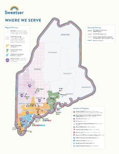 Map of the state of Maine with a visual representation of where Sweetser provides services